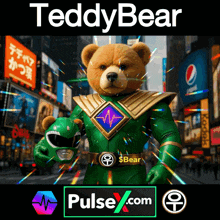 a teddy bear dressed as a green power ranger with pulsex.com written below him