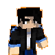 a pixel art of a minecraft character wearing a black jacket and blue sleeves .