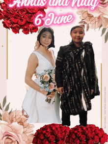 a bride and groom are standing next to each other in front of red roses .