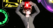 a girl with a red heart on her head