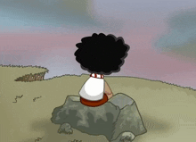 a cartoon of a person sitting on a rock looking out over a field