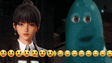 a girl in a suit and tie next to a blue monster with smiley faces on it 's face