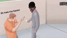 a cartoon of a man pointing at a group of men with knives in their pockets .