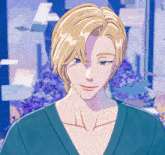a man with blonde hair and blue eyes is wearing a blue sweater