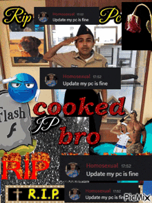 a picture of a man saluting with the words rip cooked bro