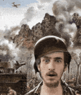 a man with a beard is wearing a helmet in front of a painting of soldiers