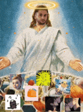 a painting of jesus with a halo on his head and a welcome sticker