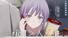 a girl with purple hair is talking on a cell phone next to a cup of coffee that says ria