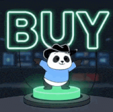 a panda bear wearing a cowboy hat is standing on a green button under a neon sign that says `` buy '' .