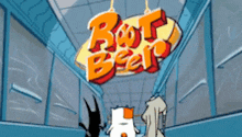 a cartoon drawing of a cat and a dog standing under a sign that says root beer