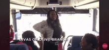 a woman on a bus with the words divas of olive branch