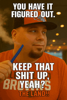 a man wearing a cleveland browns hat is smoking a hookah and says " you have it figured out "