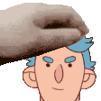 a cartoon man with blue hair is being touched by a cat .