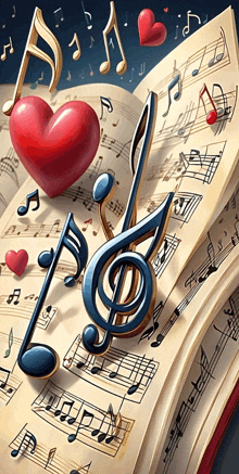 an open book with music notes and a heart on top of it
