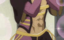 a close up of a person 's torso with a purple and gold outfit on