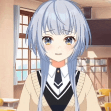 a girl with long white hair and blue eyes is standing in a classroom