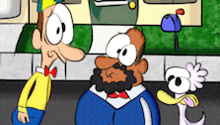 a cartoon of a man with a beard standing next to two other men