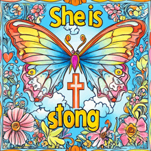 a colorful butterfly with a cross and the words she is strong on the bottom