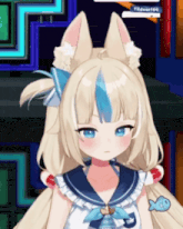 a girl with blonde hair and blue eyes is wearing a sailor uniform