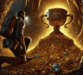 a painting of a man kneeling in front of a trophy that says " ihua "