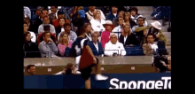 a crowd of people watching a tennis match with the word sponge on the bottom