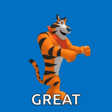 a cartoon of tony the tiger on a blue background with the word great above him