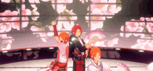 a group of anime characters are standing in front of a window with pink flowers