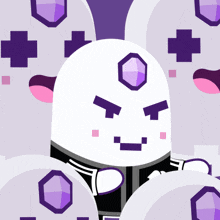 a cartoon character with a purple diamond on his face is surrounded by purple shields