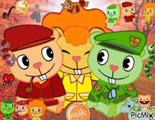a group of cartoon characters are sitting next to each other with a smile circle in the middle