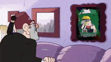 a cartoon man is looking at a painting of egghead