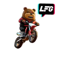 a teddy bear is riding a motorcycle with a speech bubble that says lfg on it