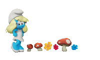 a smurf with flowers and mushrooms and the word smurfette on the bottom