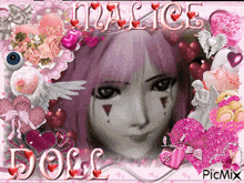 a picture of alice doll surrounded by hearts
