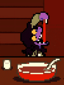 a pixel art drawing of a monster holding a sword and a bowl of soup