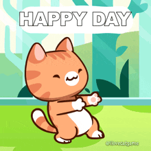 a cartoon cat says happy day in a green background