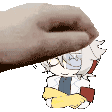 a hand is petting a cartoon character with glasses on .