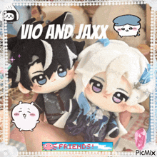 a picture of two stuffed animals with the words vio and jaxx on it