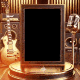 a guitar and a microphone are on a gold podium