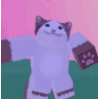 a white cat with black paws is standing with its arms outstretched in front of a pink background .
