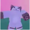 a white cat with black paws is standing with its arms outstretched in front of a pink background .