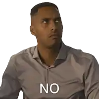 a man in a grey shirt has the word no written on his chest