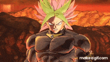 a cartoon of a man with a pink and green hair standing in front of a mountain .
