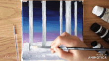 a person is painting a picture with a brush and a bottle of alpha paint in the background