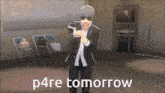 a man in a suit and sunglasses is dancing in a room with the words p4re tomorrow below him