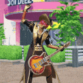 a woman in a cowboy hat is holding a guitar in front of a sign that says sunset