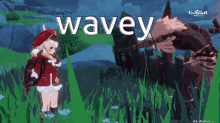 a pixel art drawing of a girl and a man with the word wavey on the bottom