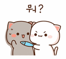 two cartoon cats are standing next to each other and one is holding a fish in its hand .