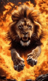 a painting of a lion jumping through the air with flames behind it