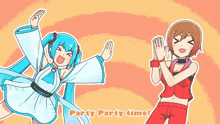 a cartoon of two girls with the words party party time