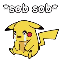 a cartoon pikachu is crying with sob sob written above him